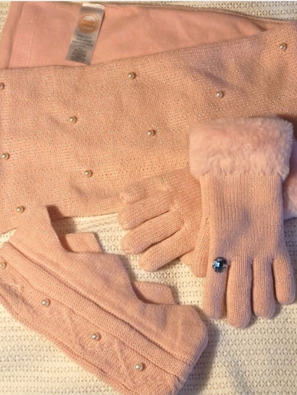 Girls winter warm acrylic dressy pink gloves scarf headband set faux pearl & fur